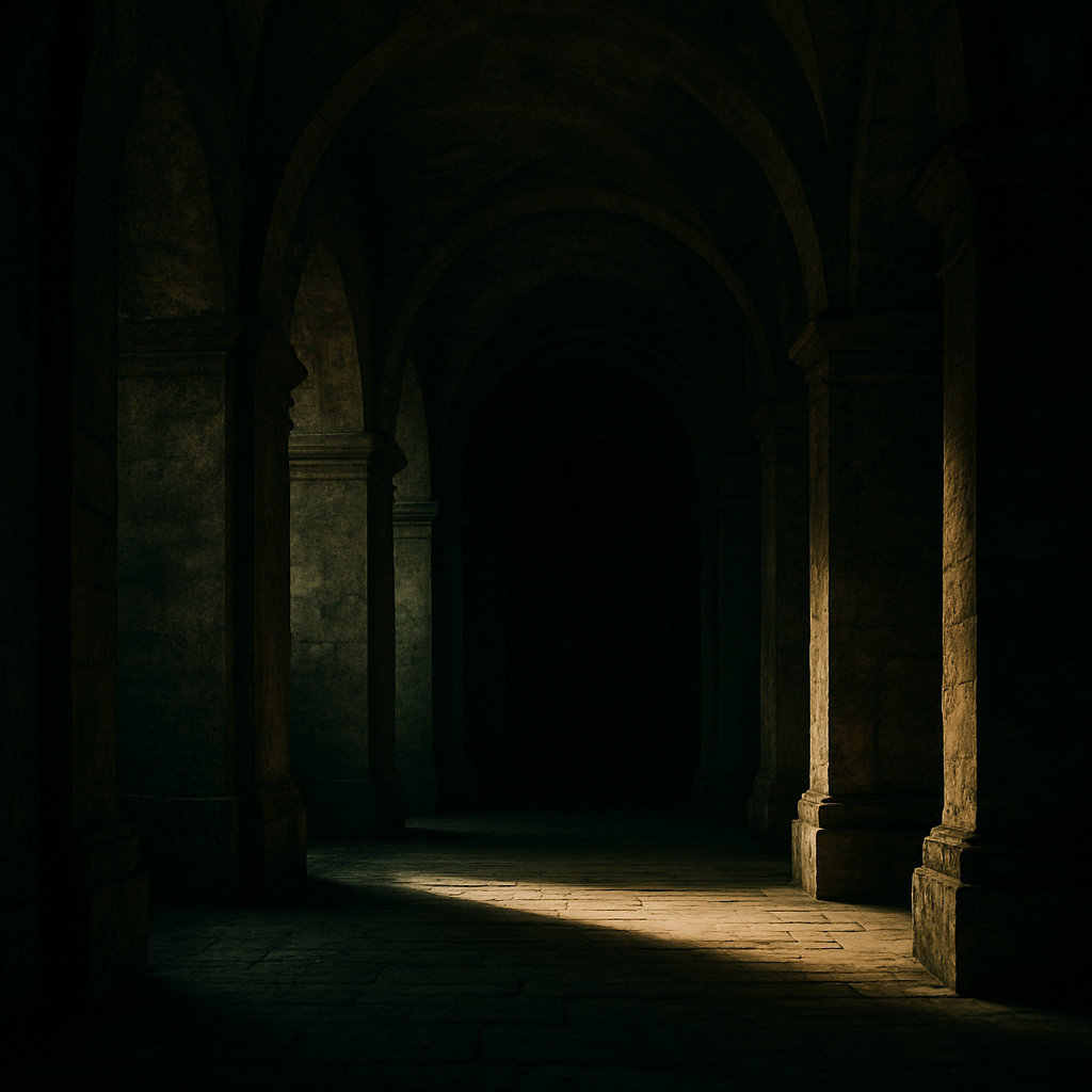 Passage voûté en pierre traversé par la lumière